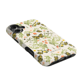Monarch iPhone case featuring a floral design with butterflies in yellow and green on a light background.