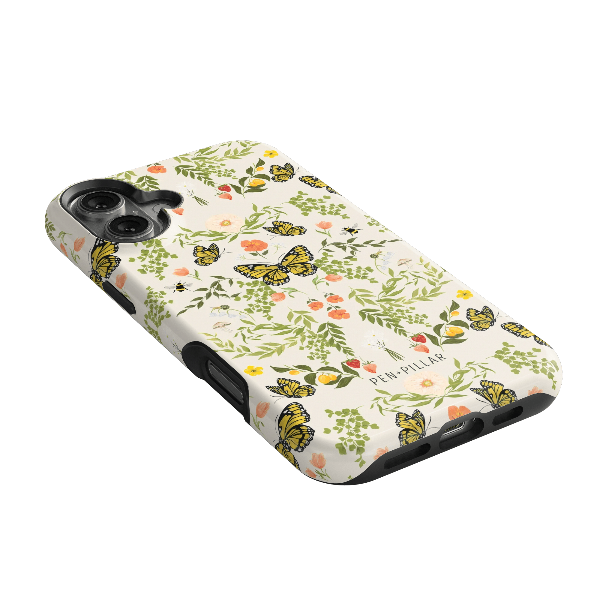 Monarch iPhone case featuring a floral design with butterflies in yellow and green on a light background.