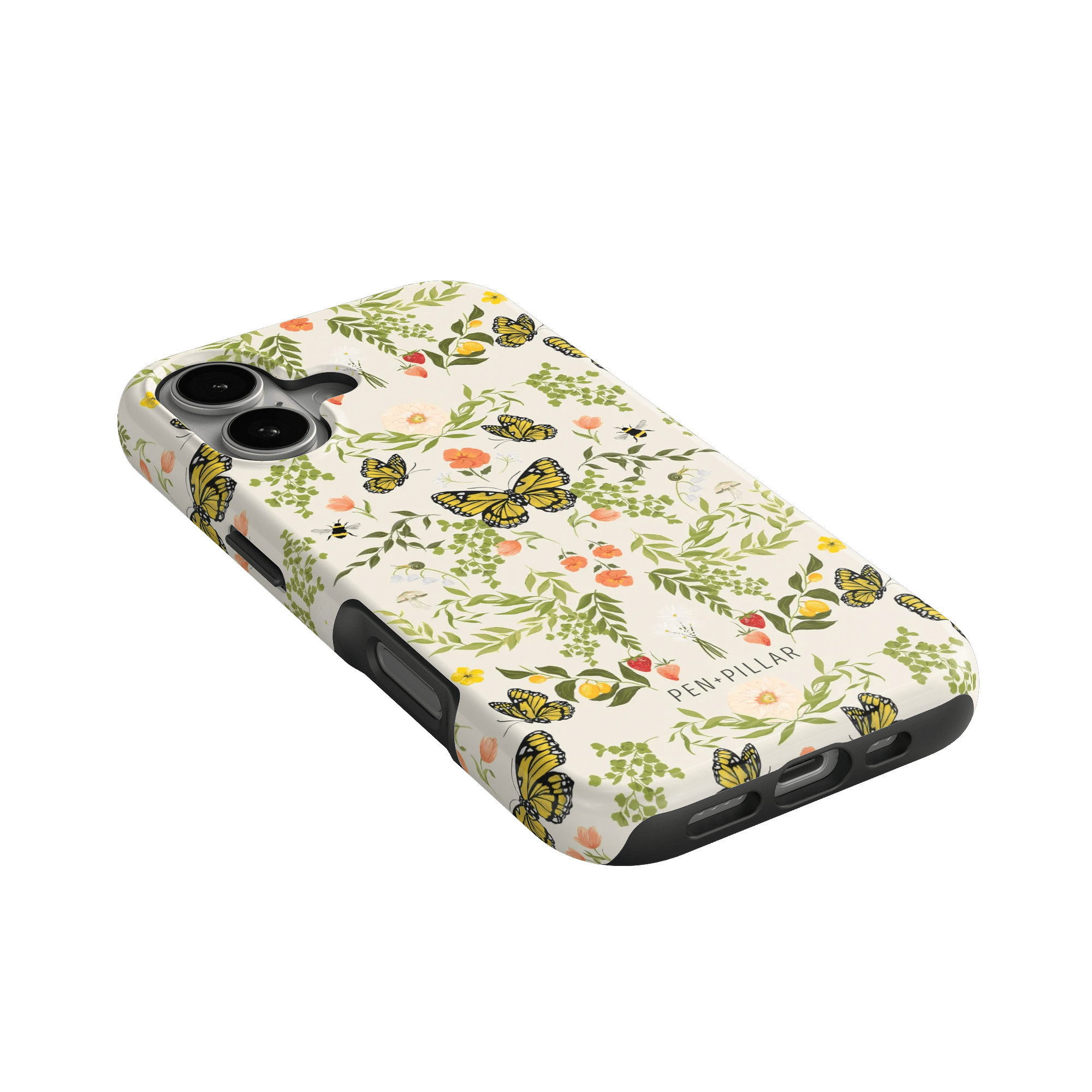 Monarch iPhone case featuring a floral and butterfly design with a black border, angled view on a green background.