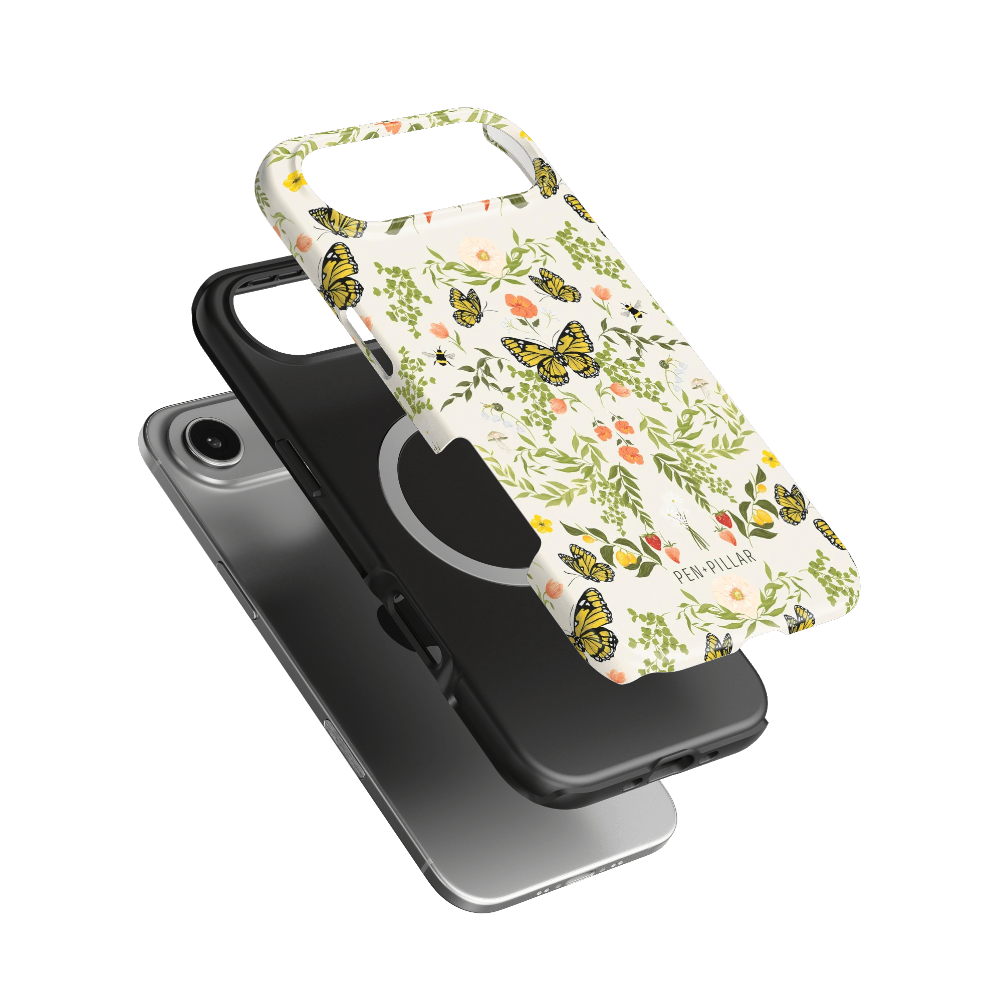 Monarch iPhone case featuring a floral design with butterflies, layered over a black phone case.