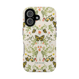 Monarch iPhone case featuring a floral design with butterflies in yellow and green on a light background.