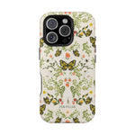 Monarch iPhone case featuring a floral design with butterflies in yellow and green on a light background.