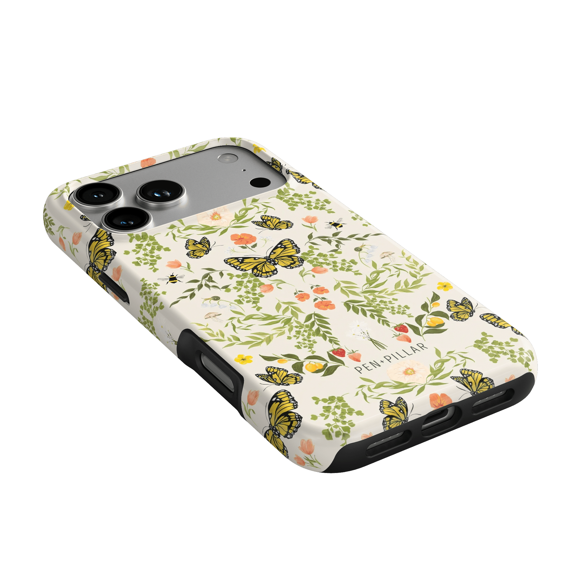 Monarch iPhone case featuring a floral and butterfly design in yellow, green, and pink on a light background.