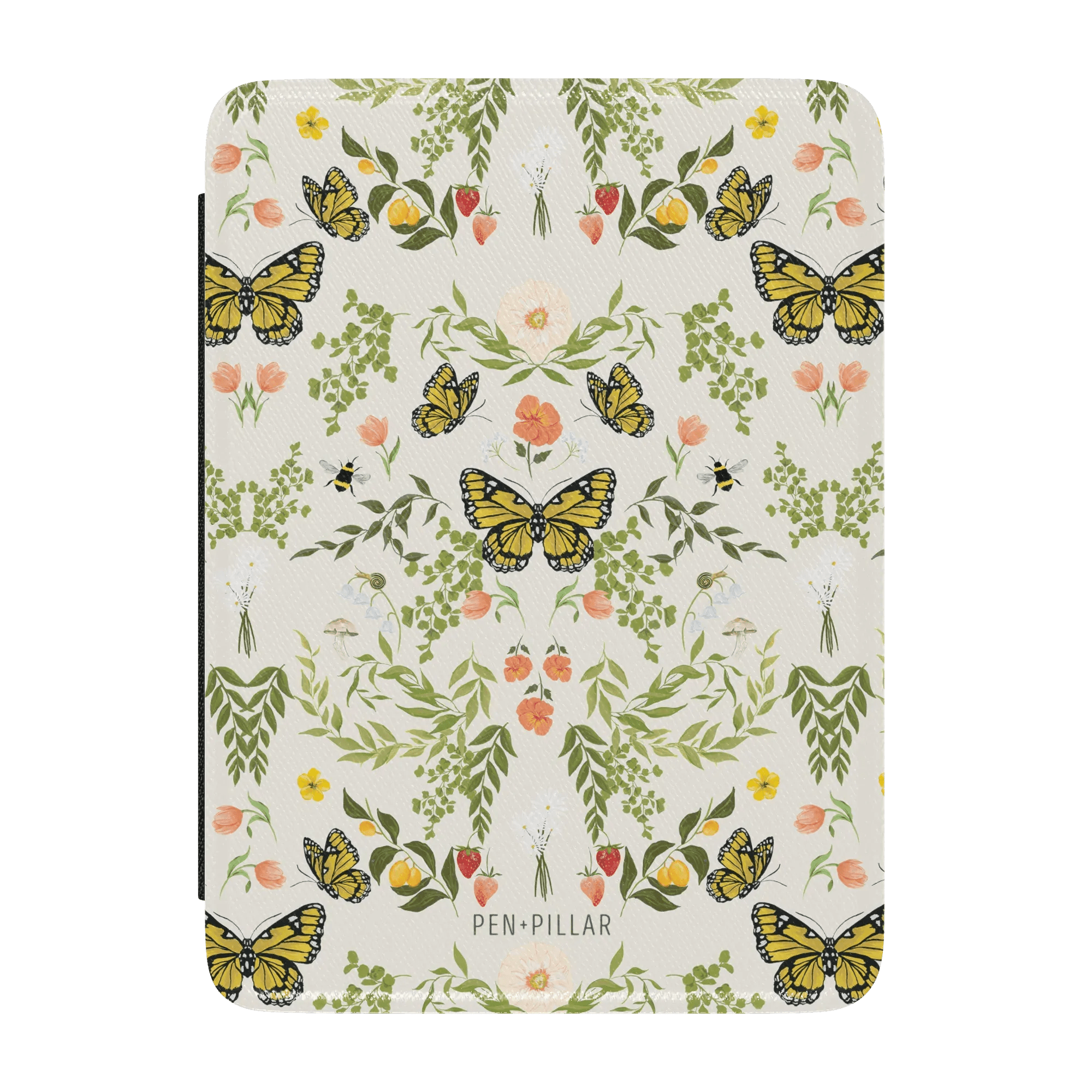 Monarch Kindle case featuring a floral and butterfly design in yellow, green, and pink on a light background.