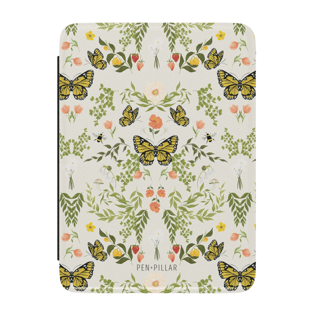 Monarch Kindle case featuring a floral and butterfly design in yellow, green, and pink on a light background.