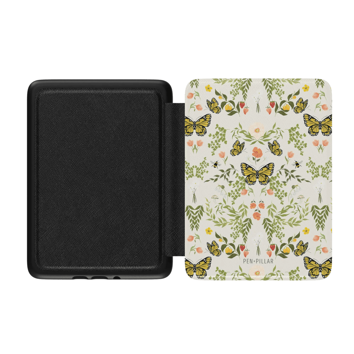 Monarch Kindle case with a floral and butterfly design, featuring a black interior and a magnetic closure.