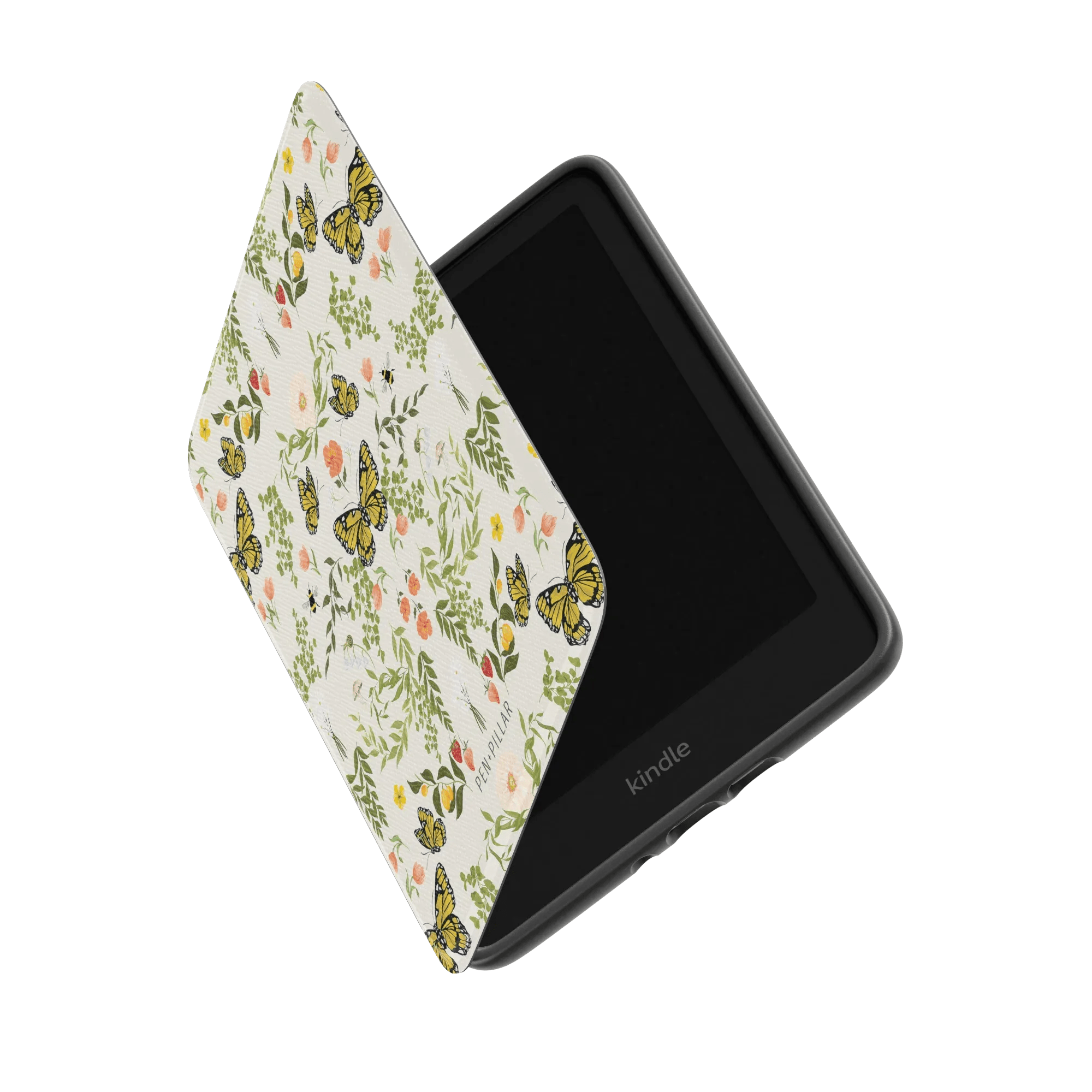Monarch Kindle case with a floral and butterfly design, partially open, displaying the Kindle device inside.