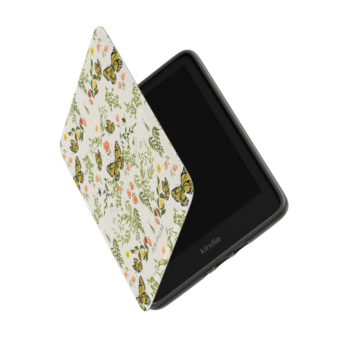 Monarch Kindle case with a floral and butterfly design, partially open, displaying the Kindle device inside.