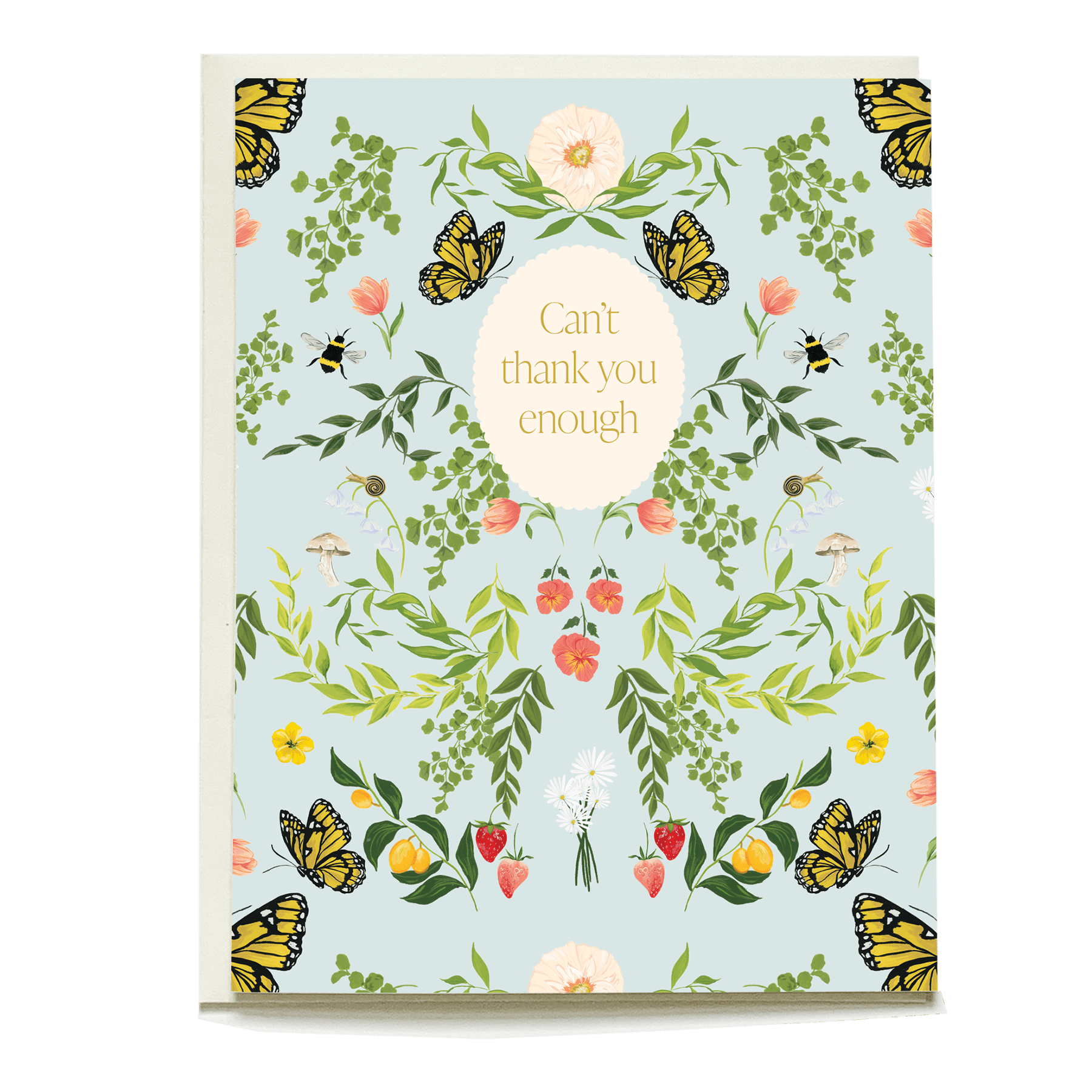 Monarch thank you card featuring butterflies, flowers, and greenery with the text "Can't thank you enough" in the center.