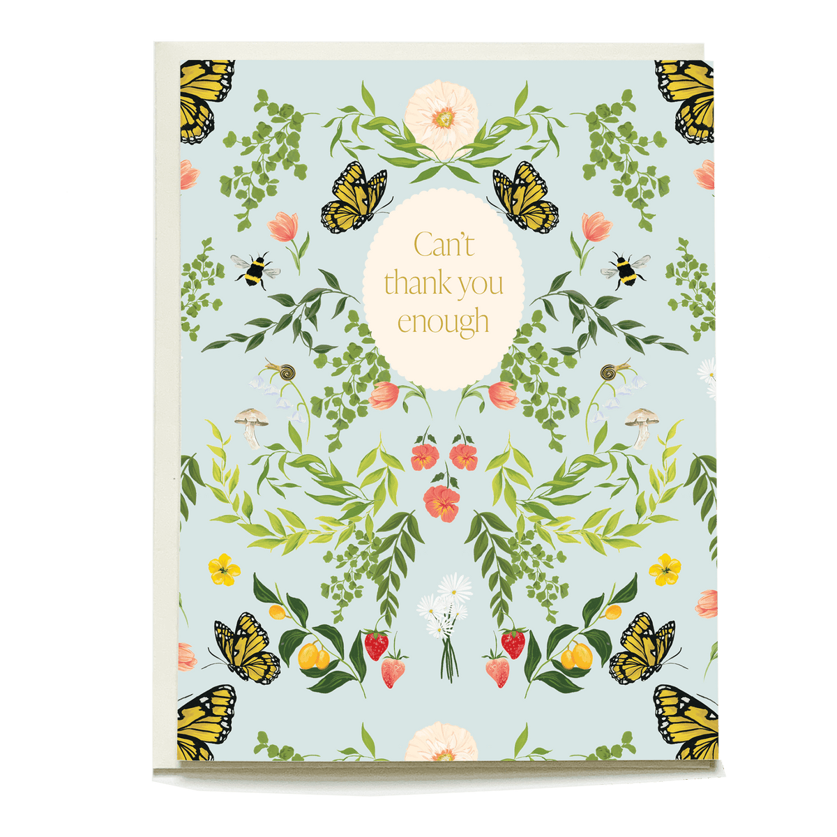 Monarch thank you card featuring butterflies, flowers, and greenery with the text "Can't thank you enough" in the center.