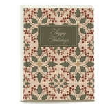Mosaic Holly holiday card featuring red berries, green leaves, and a central "Happy Holidays" message on a beige background.