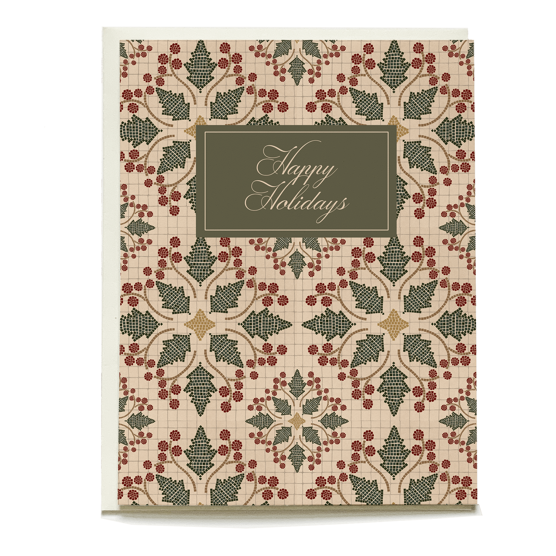 Mosaic Holly holiday card featuring red berries, green leaves, and a central "Happy Holidays" message on a beige background.