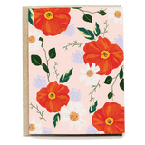 Nancy blank card featuring red and white flowers on a light pink background with green leaves.