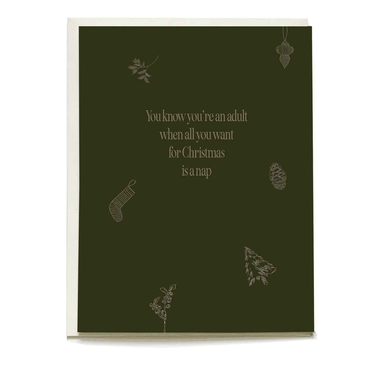 Naptime holiday card featuring a dark green background with white text and festive illustrations.