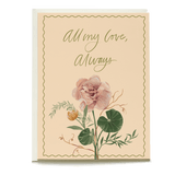 Nasturium love card featuring a pink flower, green leaves, and the text "All my love, Always" on a peach background.
