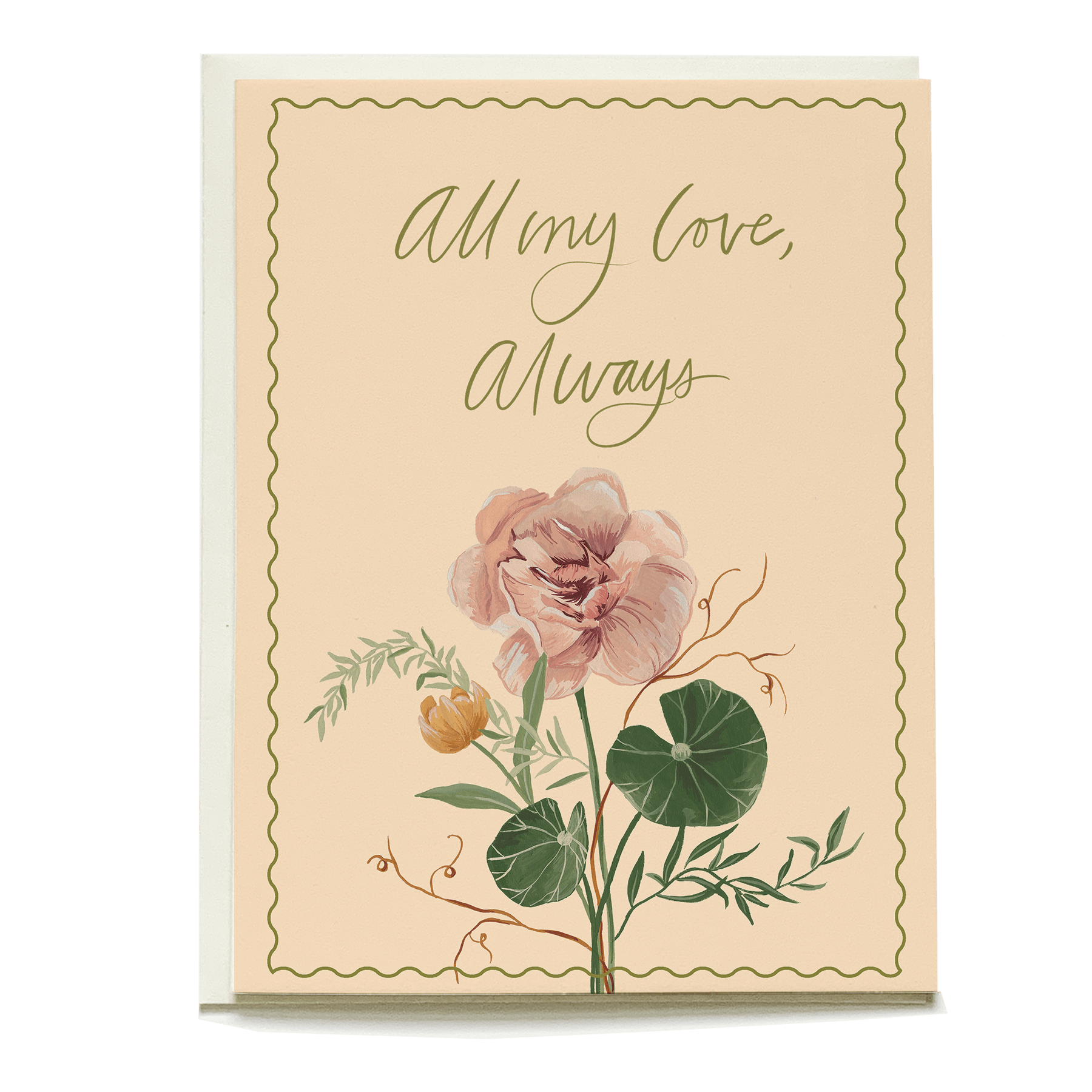 Nasturium love card featuring a pink flower, green leaves, and the text "All my love, Always" on a peach background.