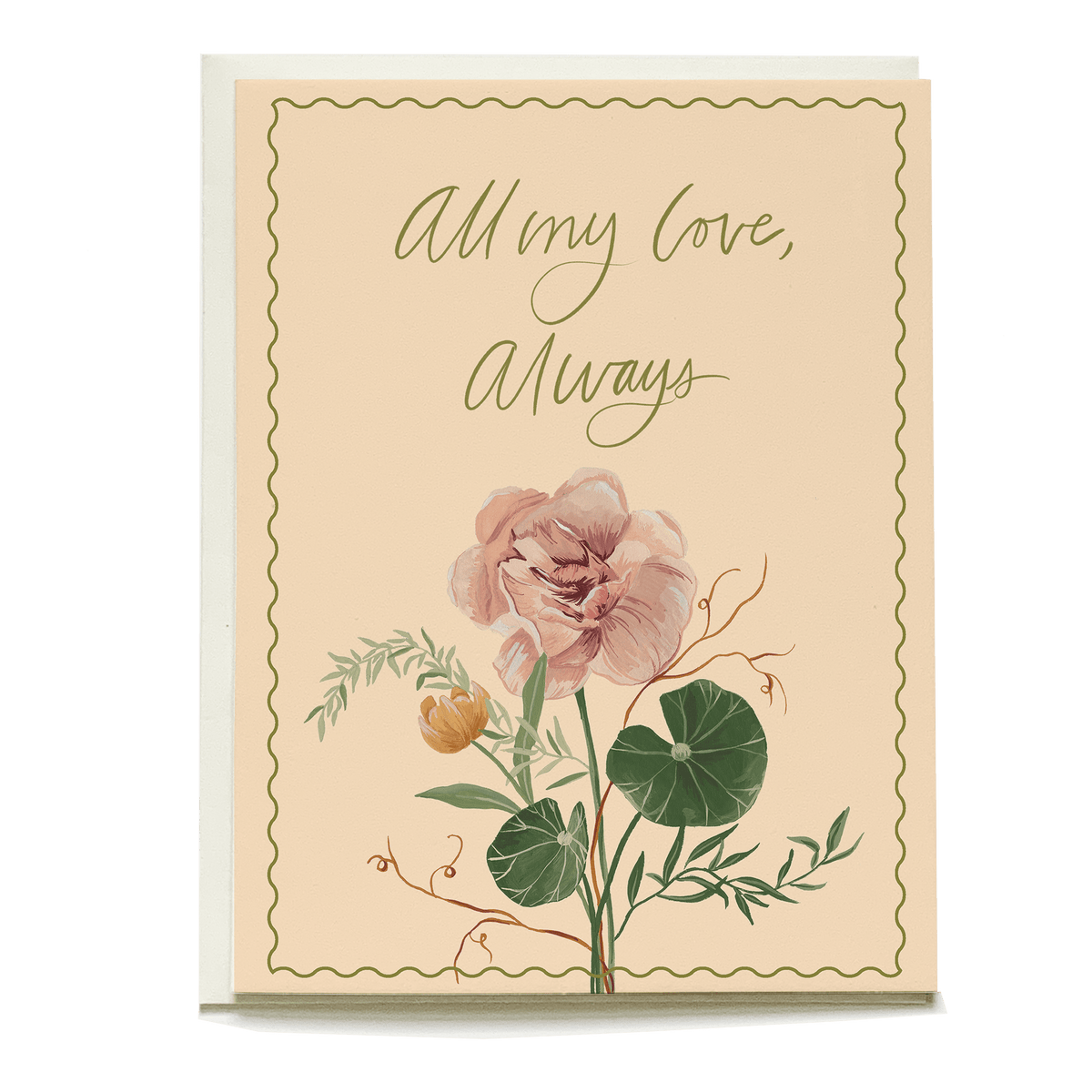 Nasturium love card featuring a pink flower, green leaves, and the text "All my love, Always" on a peach background.