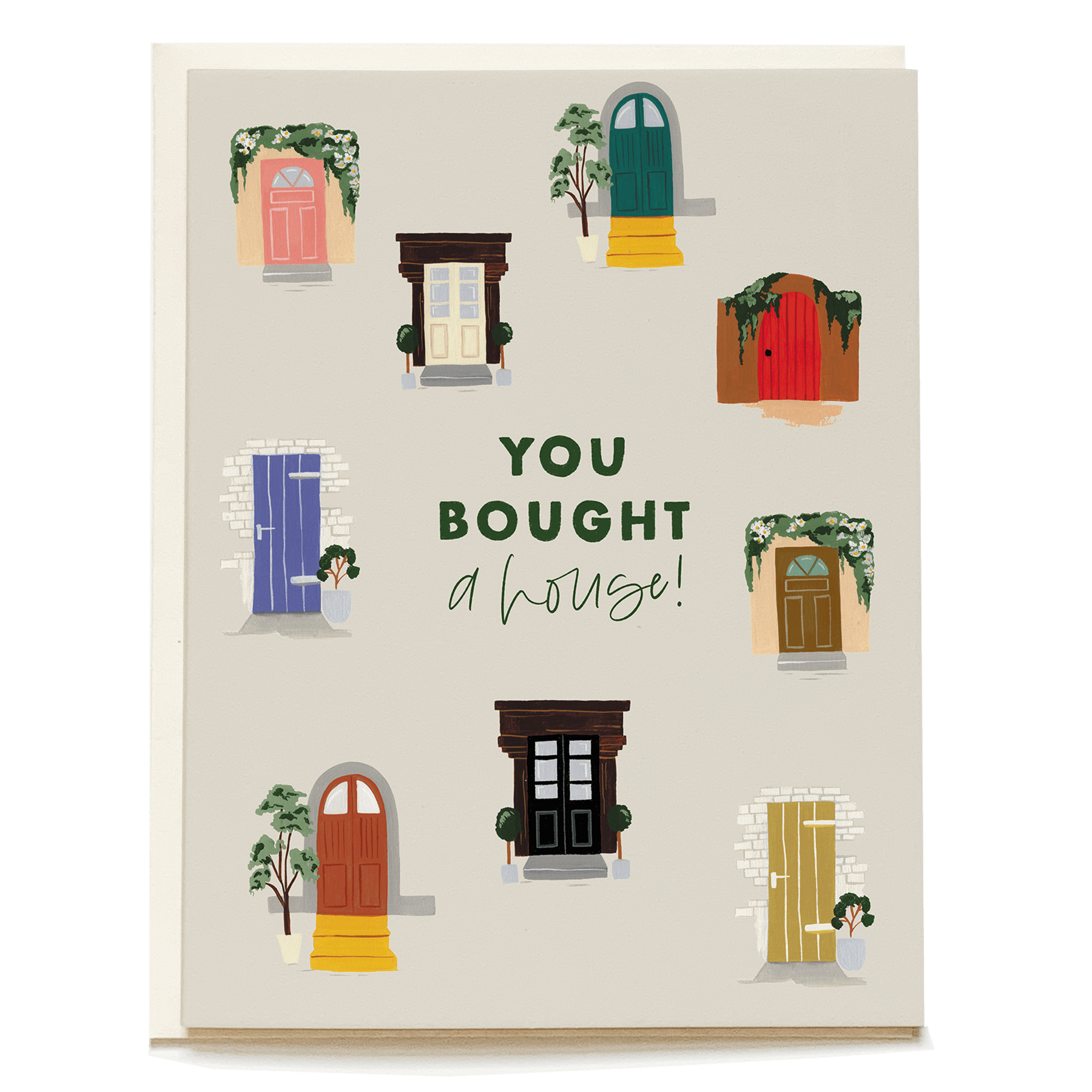New house card featuring various colorful doors and the text "You bought a house!" on a light background.