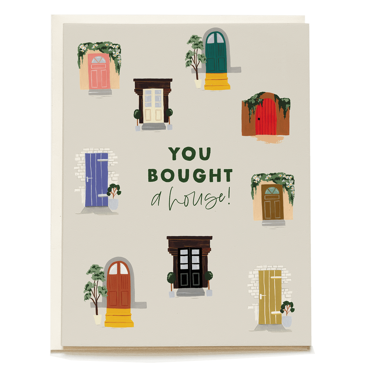 New house card featuring various colorful doors and the text "You bought a house!" on a light background.
