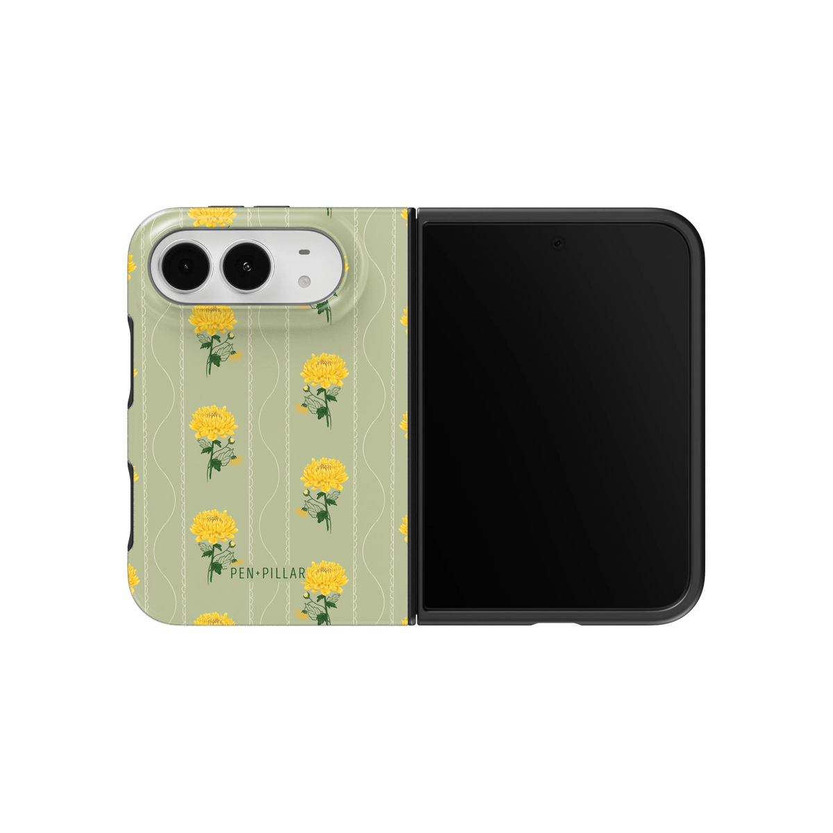 November Birth Month iPhone 18 Duo case on an unfolded iPhone 18 Duo, back and screen side by side: yellow chrysanthemums on sage stripes
