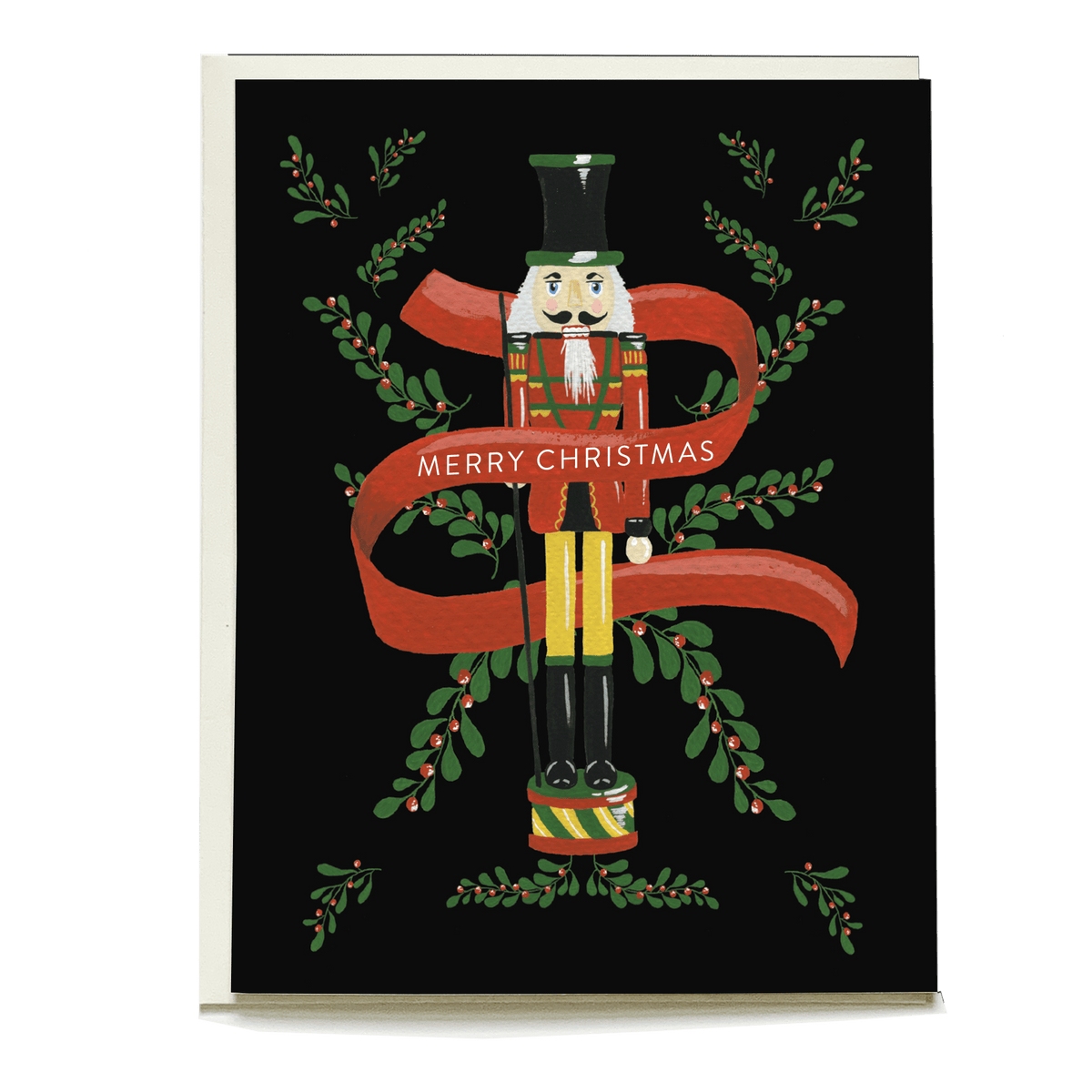 Nutcracker holiday card featuring a colorful nutcracker with a "Merry Christmas" banner on a black background.
