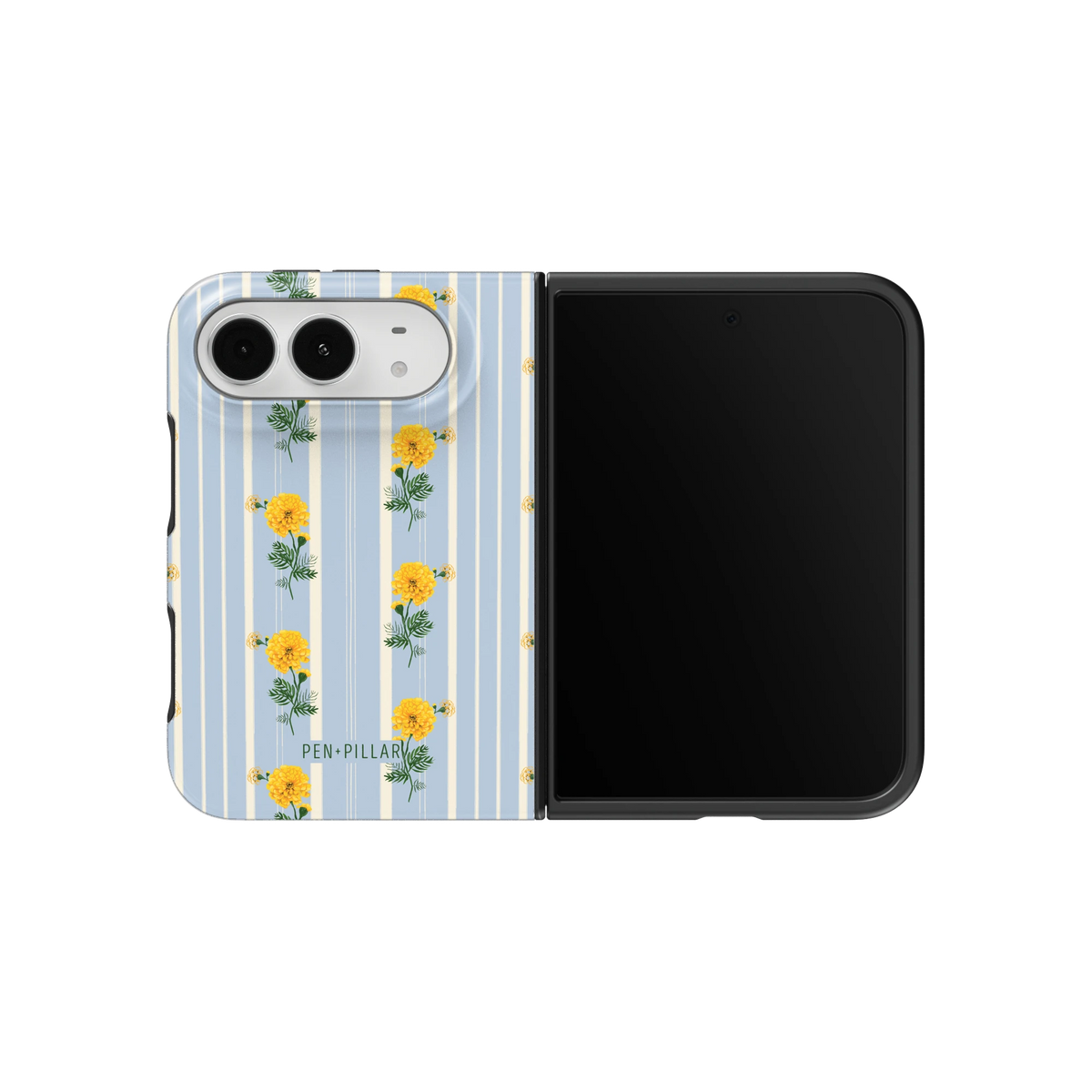 October Birth Month iPhone 18 Duo case on an unfolded iPhone 18 Duo, back and screen side by side: yellow marigolds on blue and cream stripes