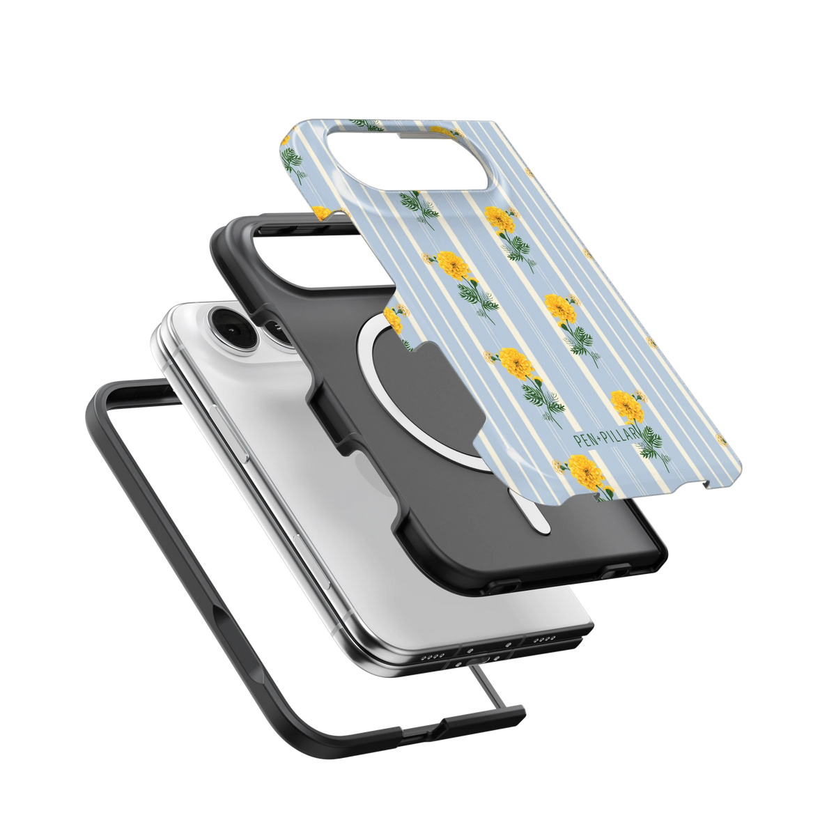 October Birth Month iPhone 18 Duo case, exploded view of the printed shell, black inner layer with MagSafe ring, and phone