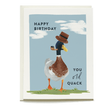 Old Quack birthday card featuring a duck in a top hat and pipe against a blue sky with clouds.