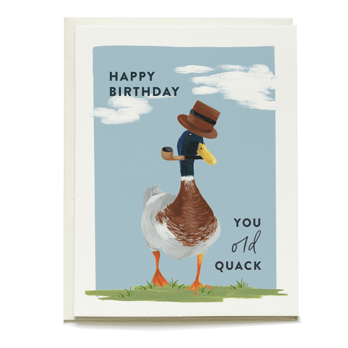 Old Quack birthday card featuring a duck in a top hat and pipe against a blue sky with clouds.