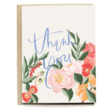 Orange Blossom Thank You card featuring floral designs in pink, orange, and green with handwritten blue text.