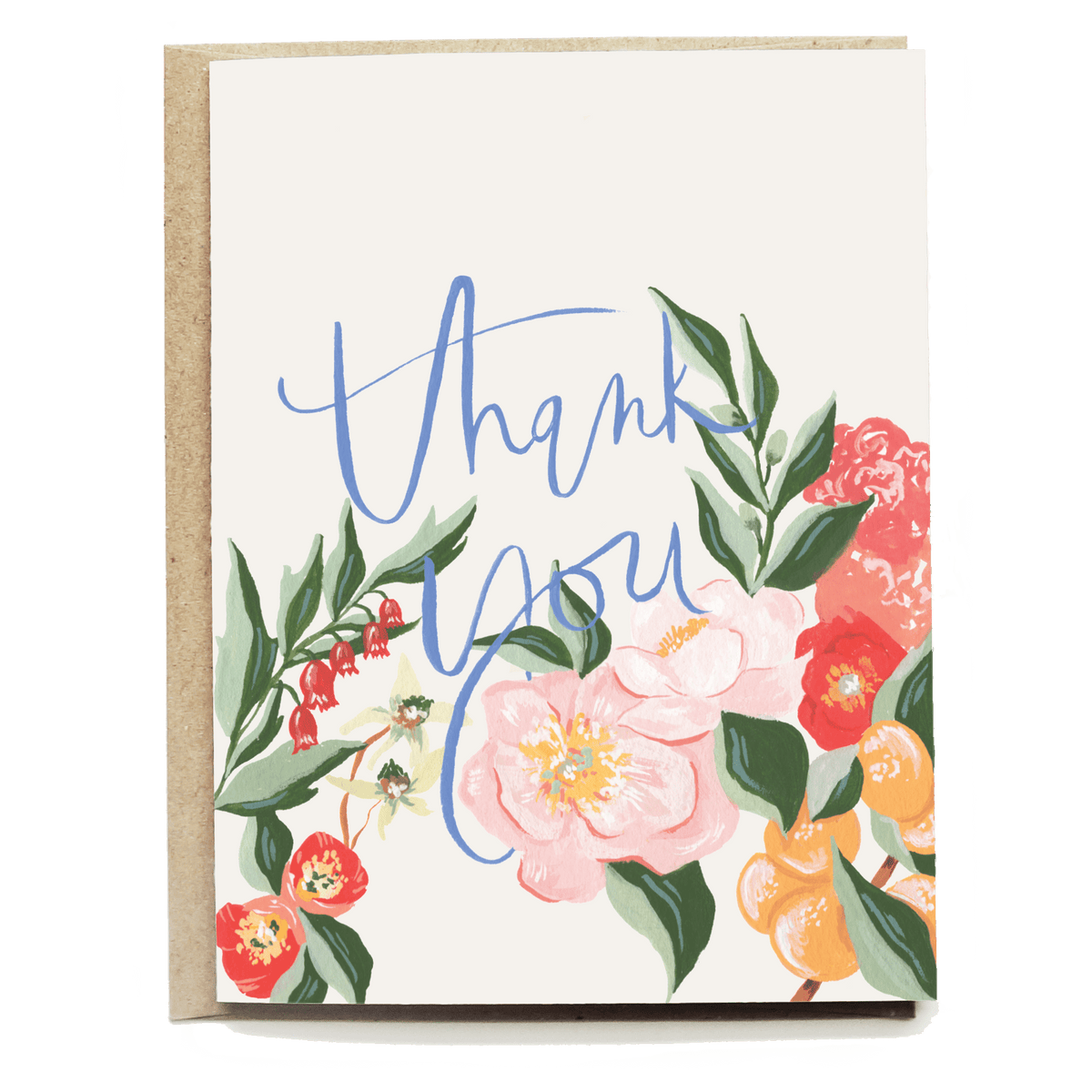 Orange Blossom Thank You card featuring floral designs in pink, orange, and green with handwritten blue text.