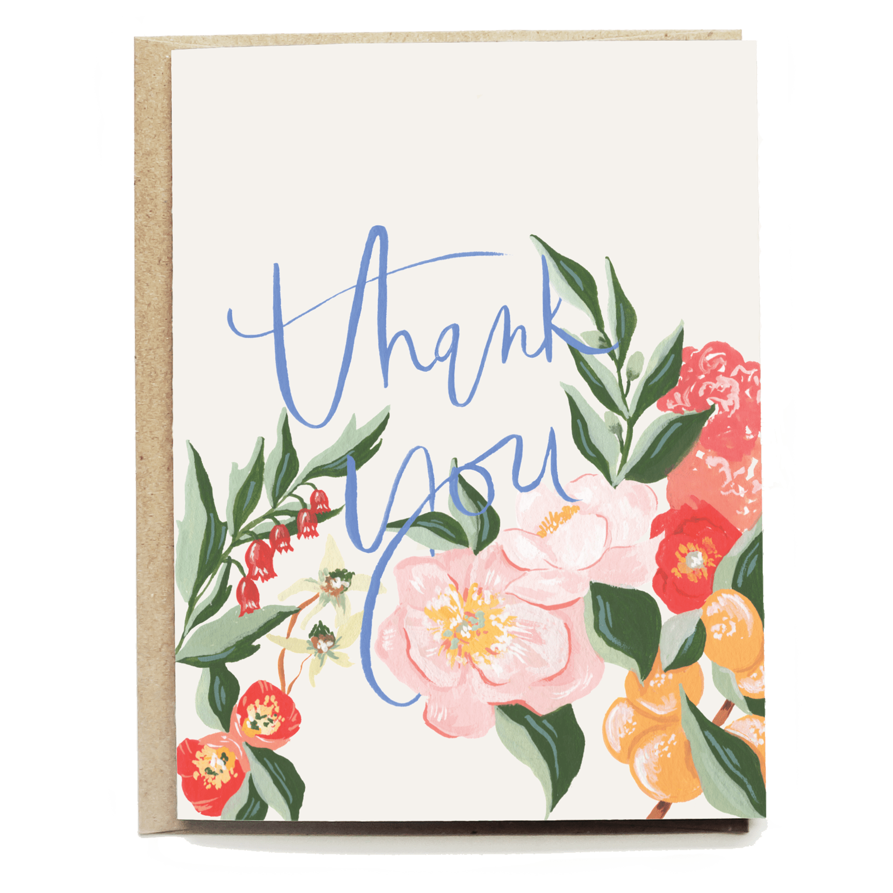 Orange Blossom Thank You card featuring floral designs in pink, orange, and green with handwritten blue text.