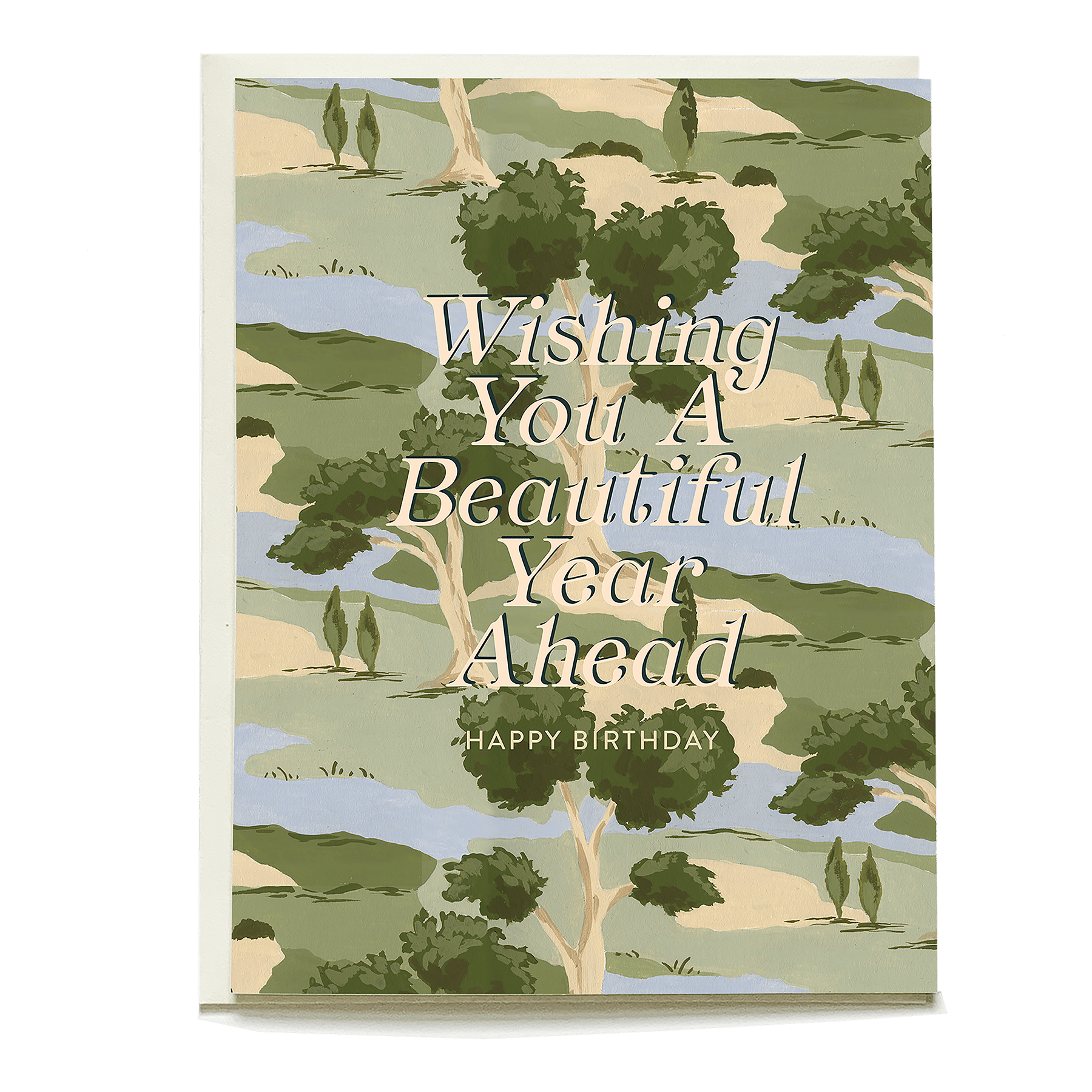 Orchard birthday card featuring green landscape illustrations with the text "Wishing You A Beautiful Year Ahead" and "Happ...