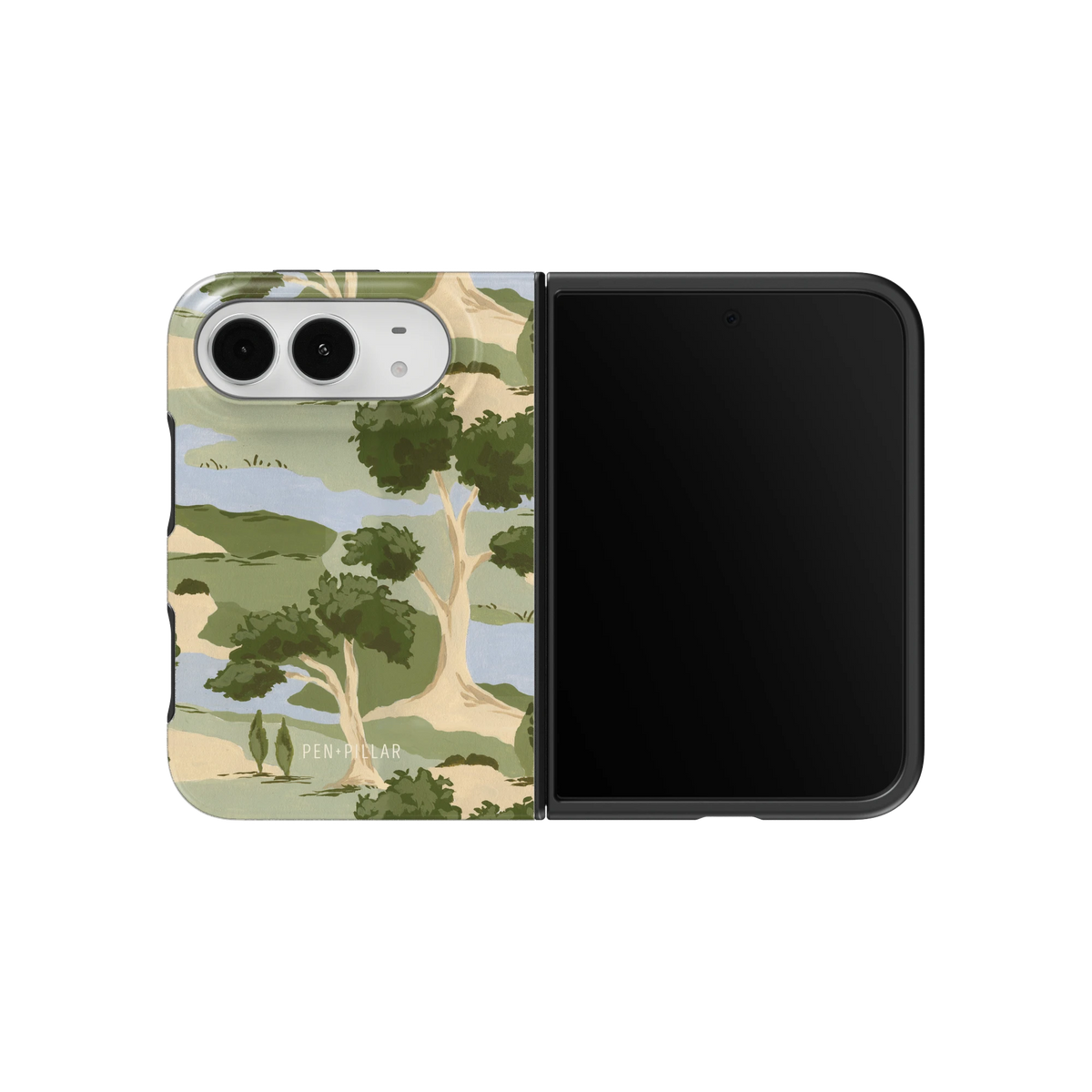 Orchard iPhone 18 Duo case on an unfolded iPhone 18 Duo, back and screen side by side: rolling green trees and winding blue streams on cream
