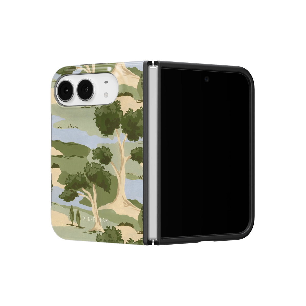 Orchard iPhone 18 Duo case on a half-open iPhone 18 Duo, angled view