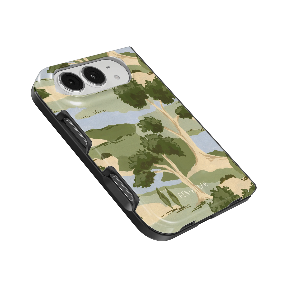 Orchard iPhone 18 Duo case, angled view showing the camera surround and side buttons