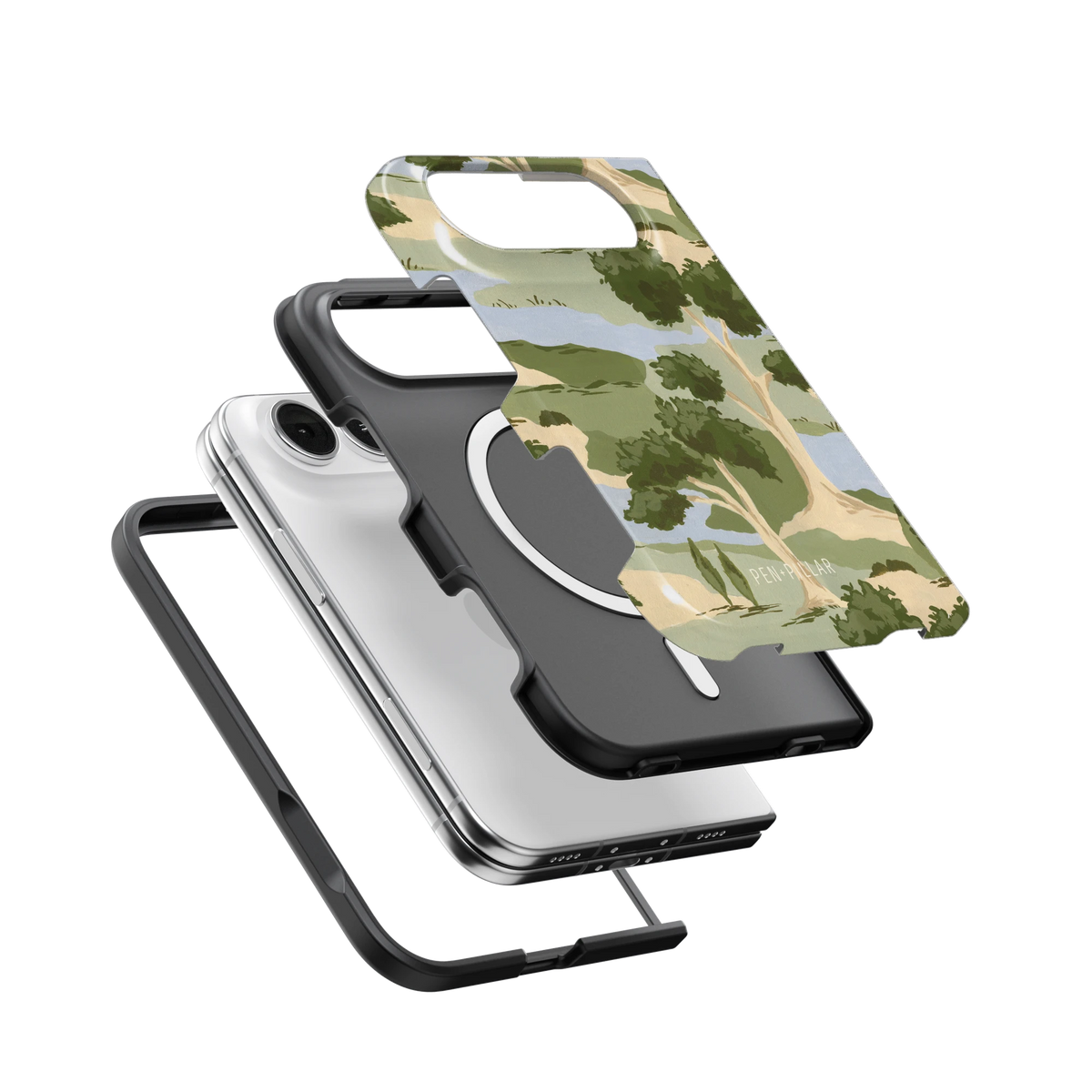 Orchard iPhone 18 Duo case, exploded view of the printed shell, black inner layer with MagSafe ring, and phone