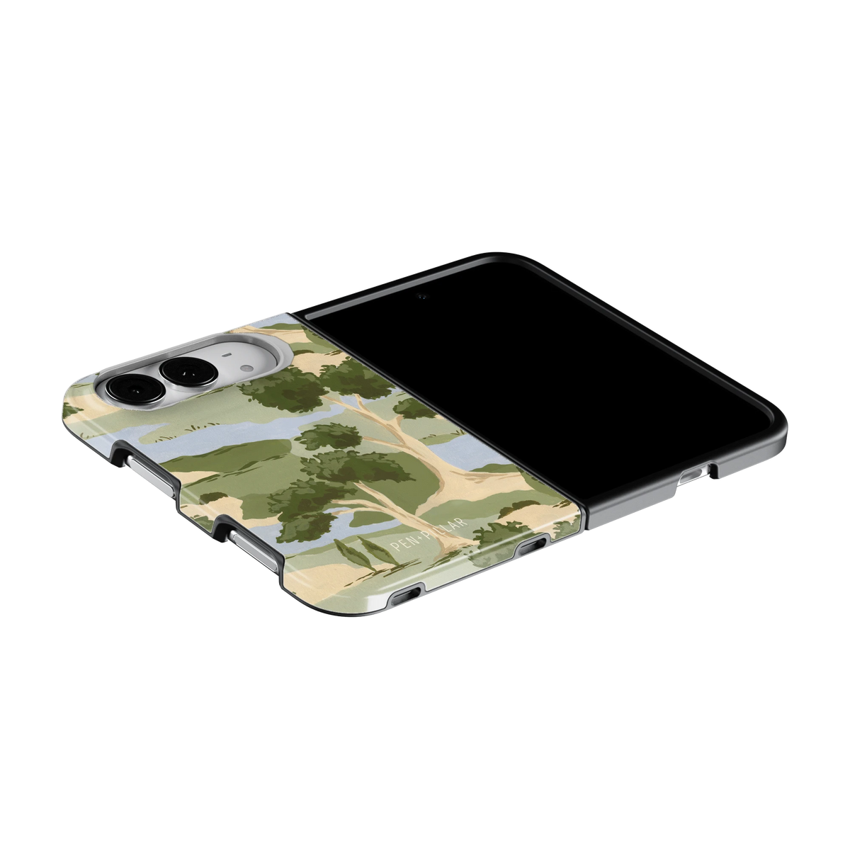 Orchard iPhone 18 Duo case on an iPhone 18 Duo lying flat, unfolded