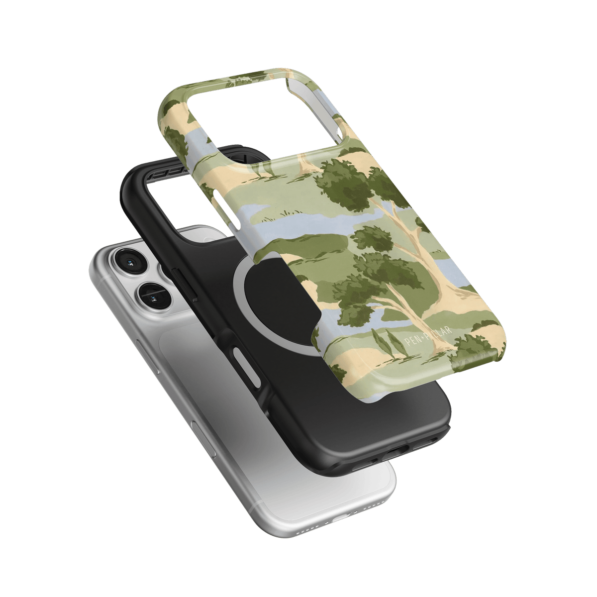 Orchard iPhone case featuring a green and beige tree design, stacked above a black and silver phone case.