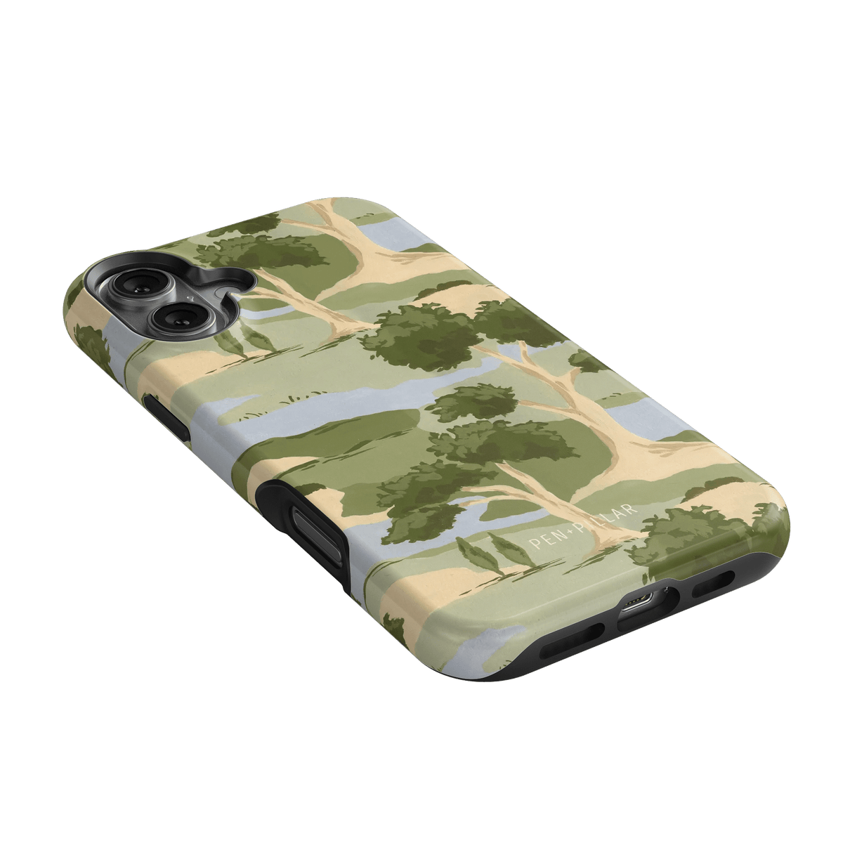 Orchard iPhone case featuring a green and beige tree design with a textured finish and precise cutouts for buttons.