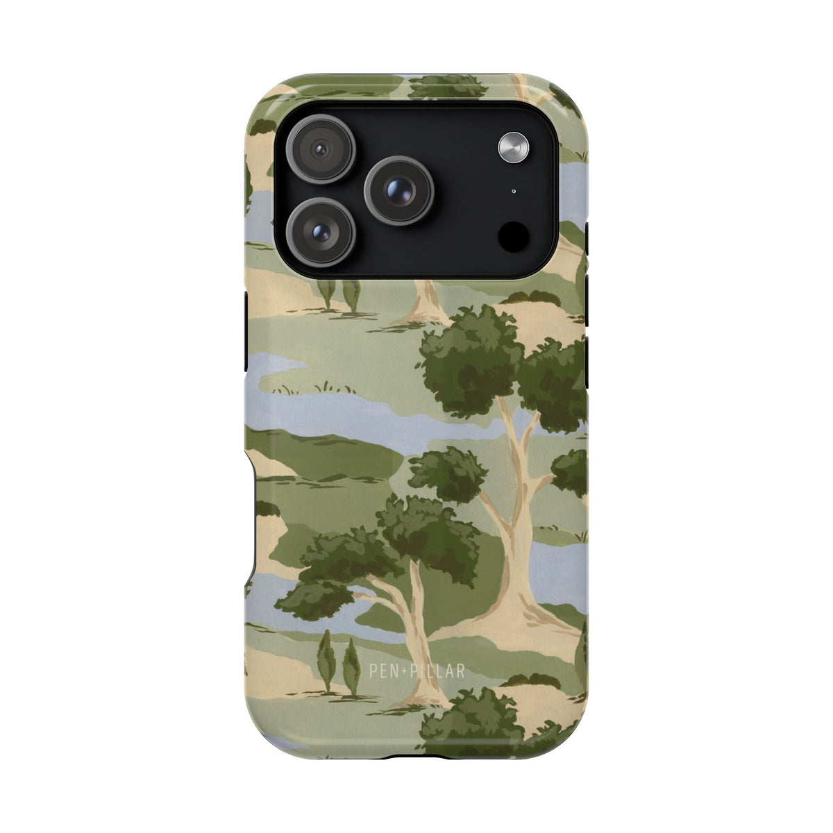 Orchard iPhone case featuring a green and beige landscape design with trees and hills, suitable for iPhone models.