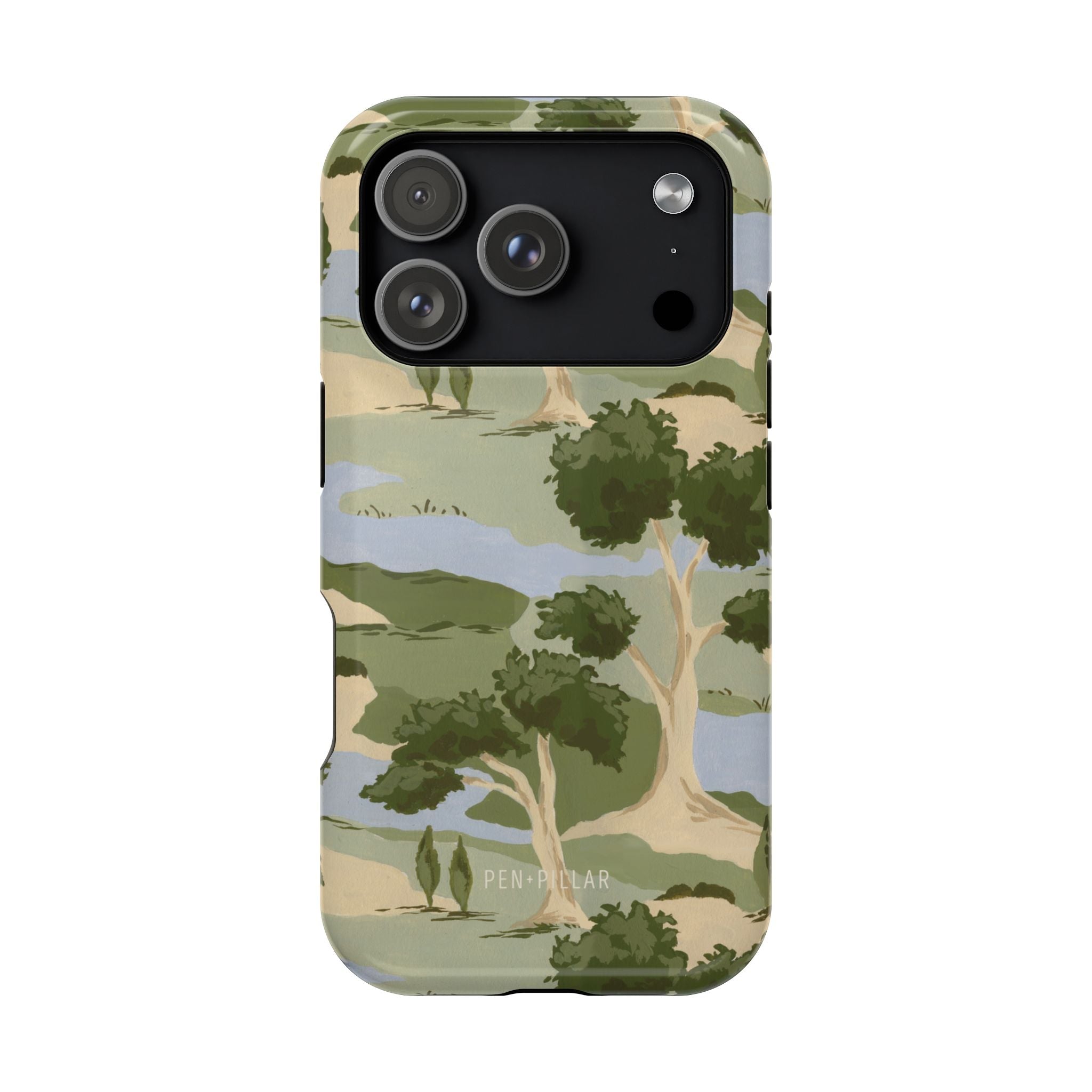 Orchard iPhone case featuring a green and beige landscape design with trees and hills, suitable for iPhone models.