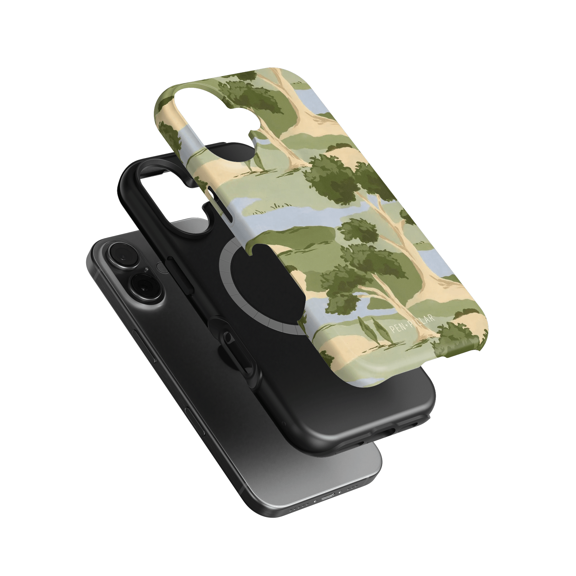 Orchard iPhone case featuring a green and beige tree design, layered over a black phone case with a magnetic attachment.