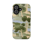 Orchard iPhone case featuring a green landscape design with trees and hills on a light background.