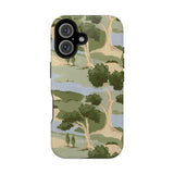 Orchard iPhone case featuring a green landscape design with trees and hills on a light background.