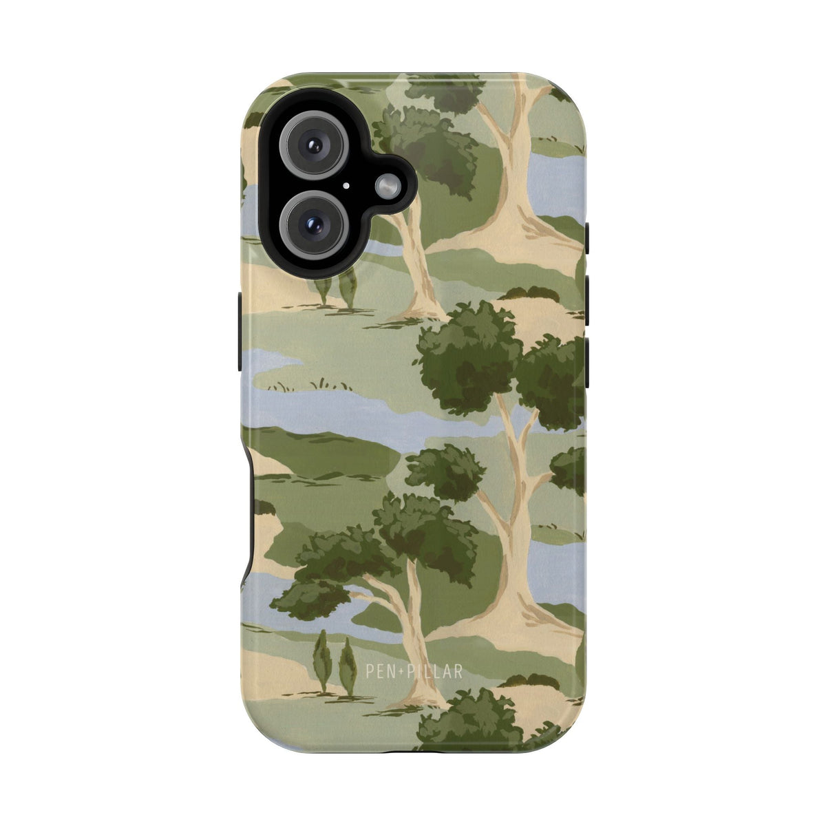 Orchard iPhone case featuring a green landscape design with trees and hills on a light background.