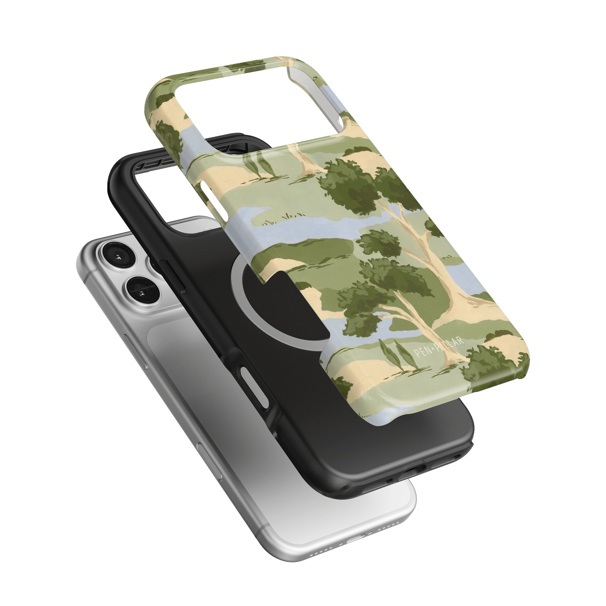 Orchard iPhone case featuring a green landscape design with trees, layered over a black and clear case.