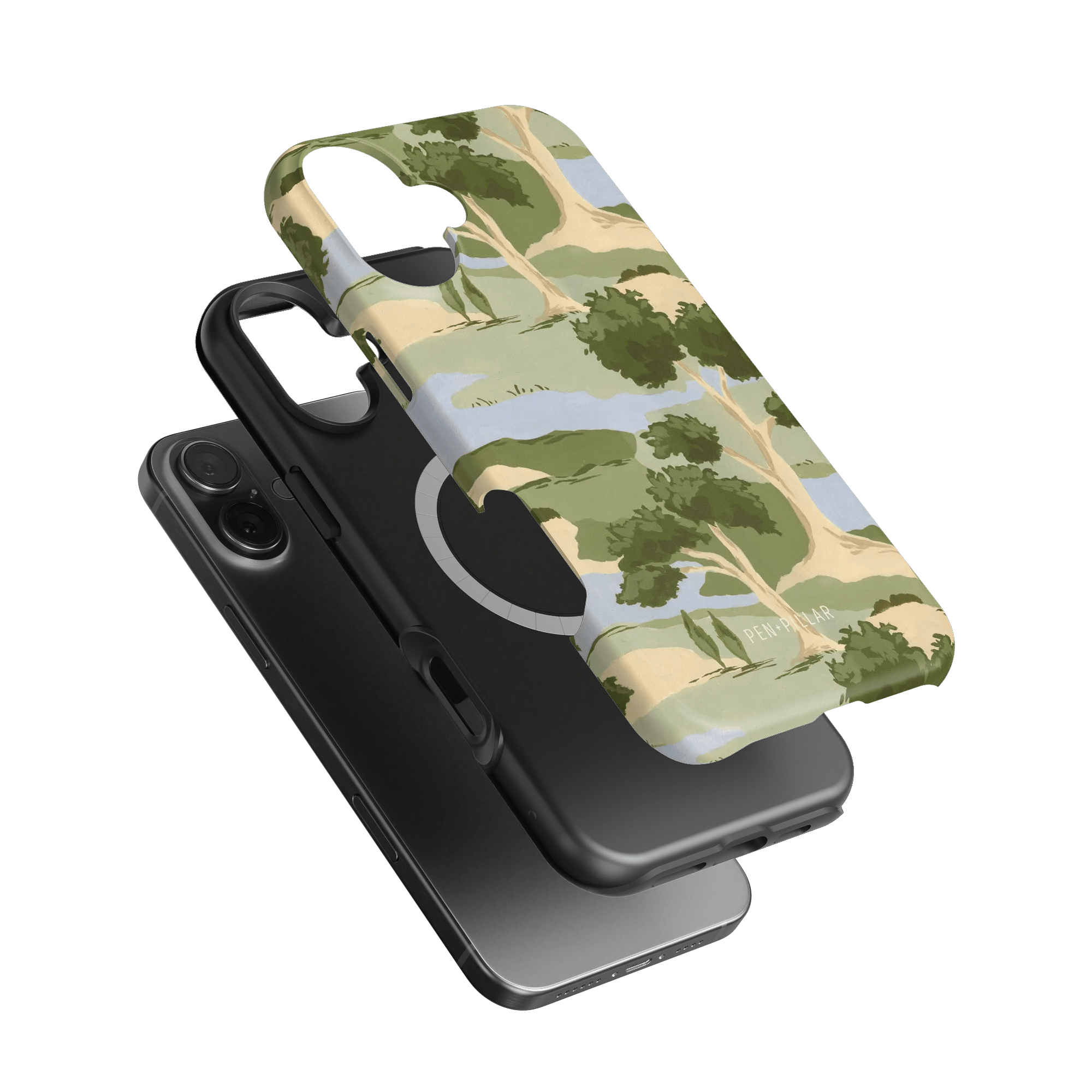 Orchard iPhone case featuring a green and beige tree pattern, layered over a black phone case with a circular cutout.