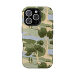 Orchard iPhone case featuring a green landscape design with trees and hills on a light background.