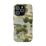 Orchard iPhone case featuring a green landscape design with trees and hills on a light background.